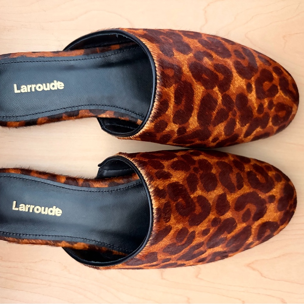 Larroude Leopard-Print Slip-On Mules in Brown and Black